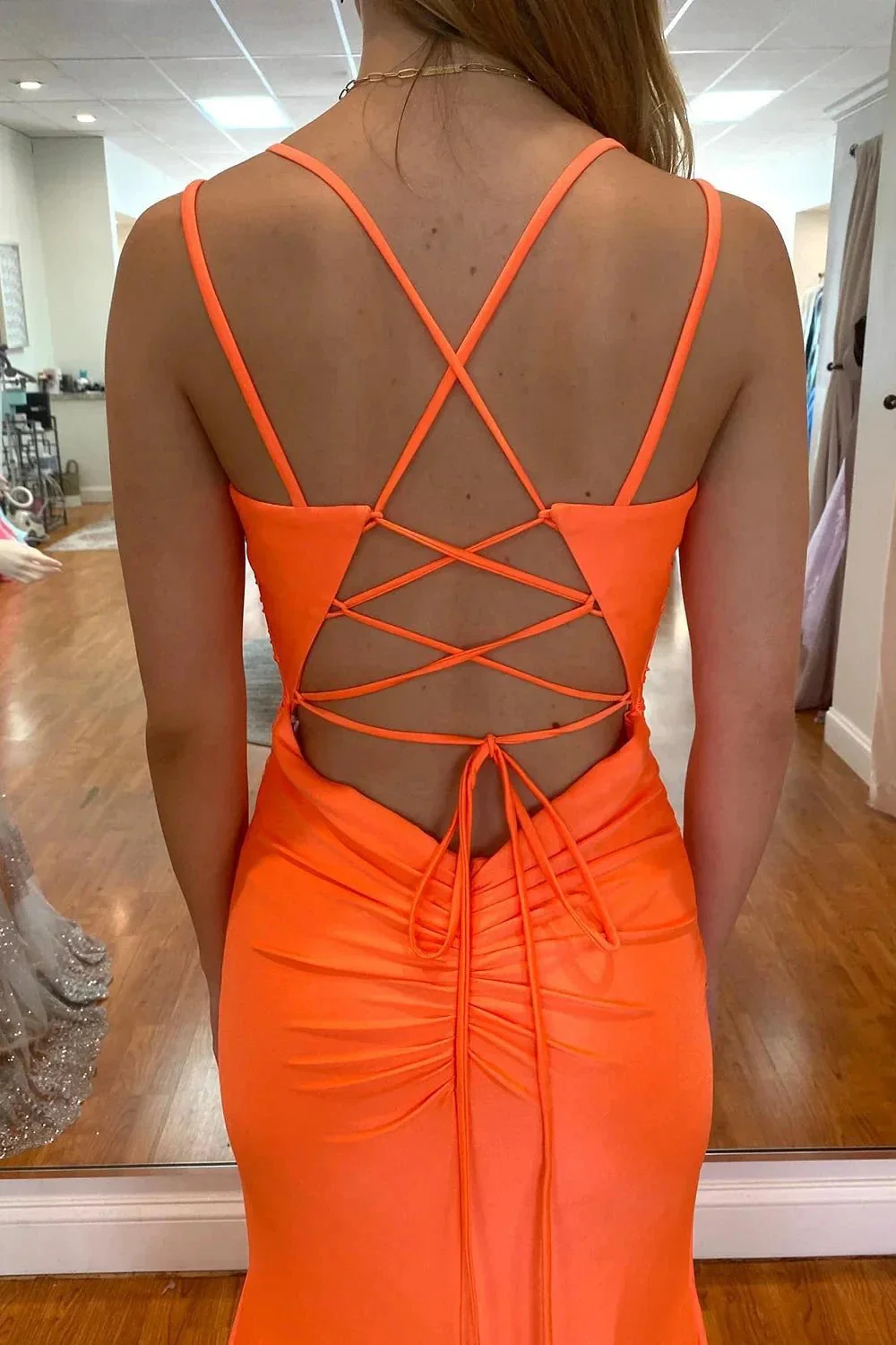 Orange Long Mermaid Spaghetti Straps Backless Prom Dress With Slit - Image 2