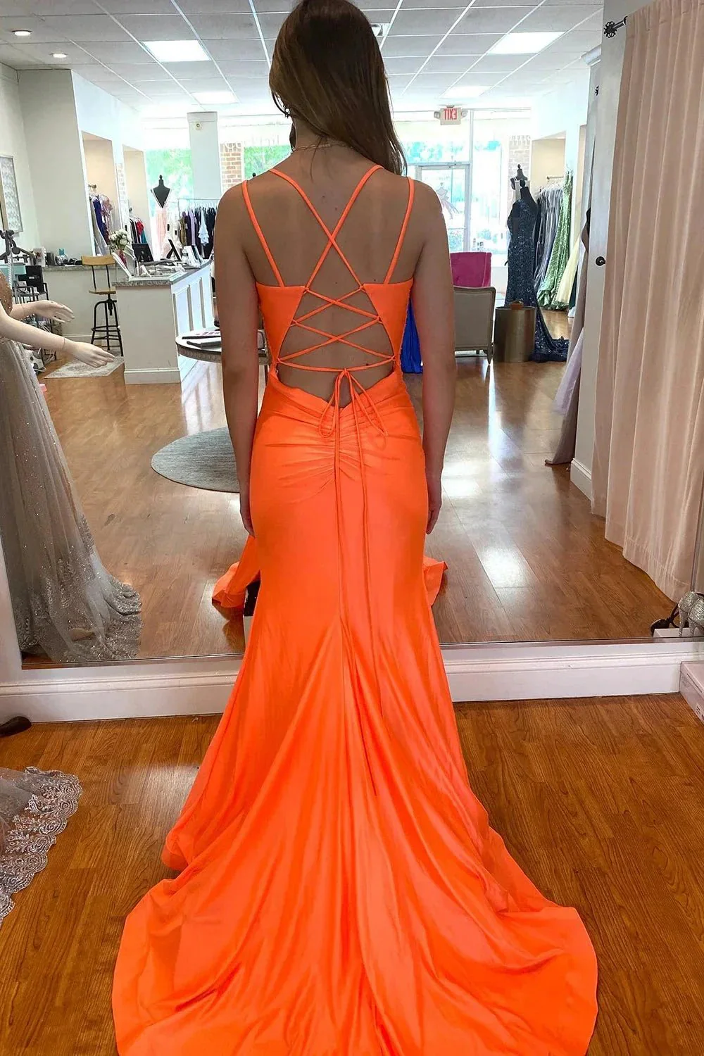 Orange Long Mermaid Spaghetti Straps Backless Prom Dress With Slit - Image 3