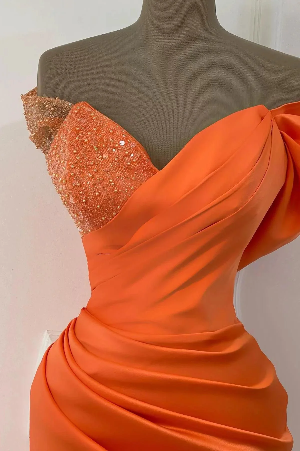 Orange Long Satin Off-The-Shoulder Mermaid Prom Dresses - Image 2