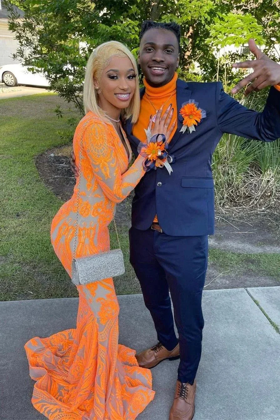 Orange Long V-Neck Lace Mermaid Prom Dress with Sleeves - Image 2