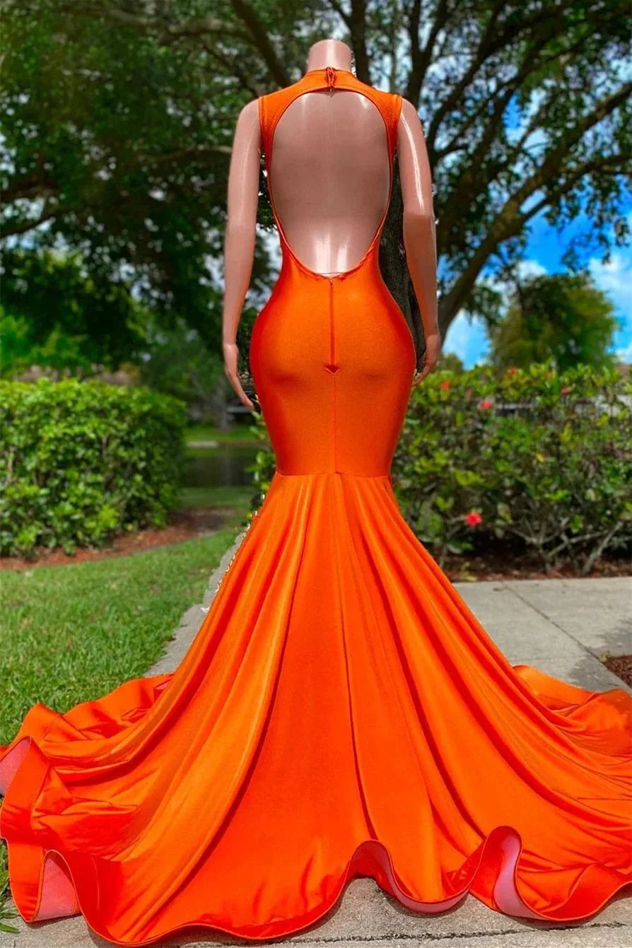 Orange Long V Neckline Sleeveless Beads Mermaid Backless Prom Dresses - Image 2