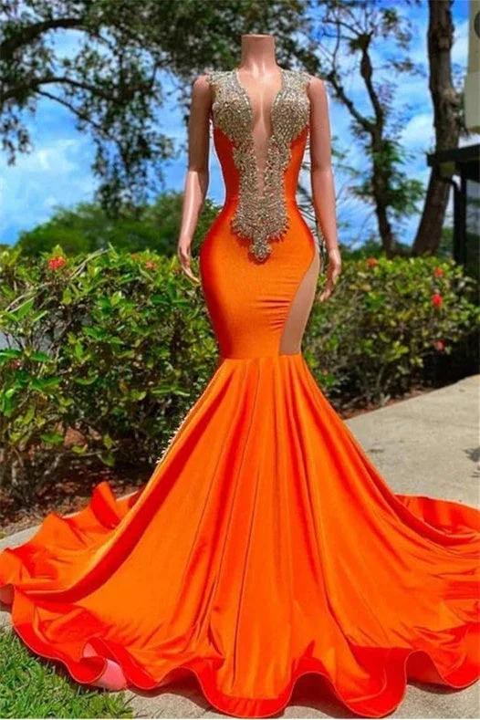 Orange Long V Neckline Sleeveless Beads Mermaid Backless Prom Dresses - Image 4