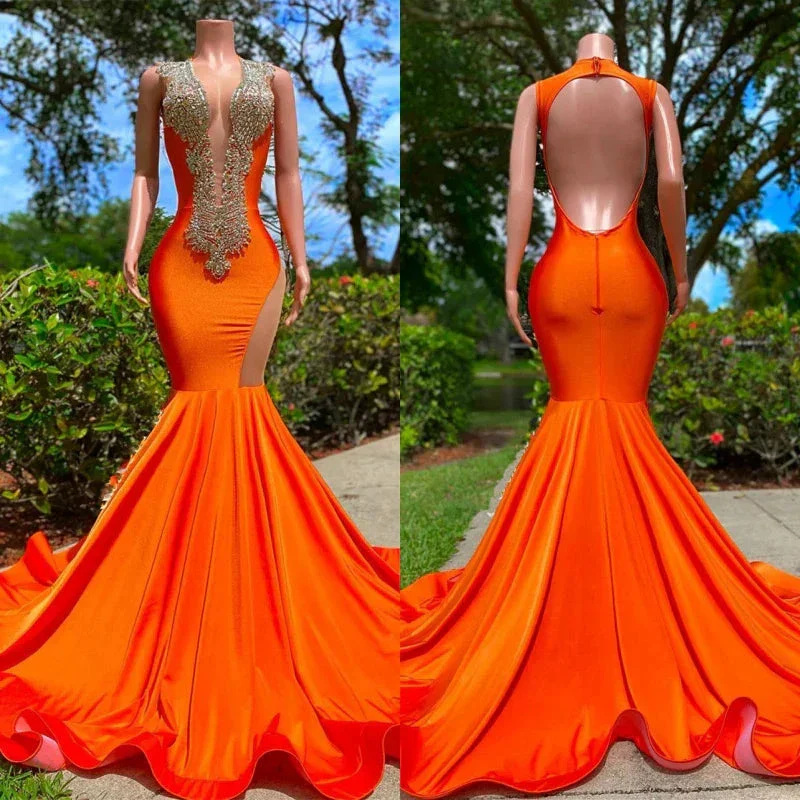 Orange Long V Neckline Sleeveless Beads Mermaid Backless Prom Dresses - Image 5