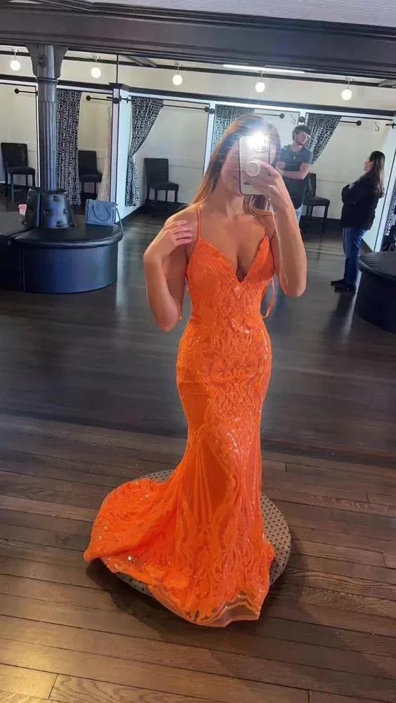 Orange Mermaid V Neck Spaghetti Straps Evening Dress Charming Prom Gown Y843 - Image 2