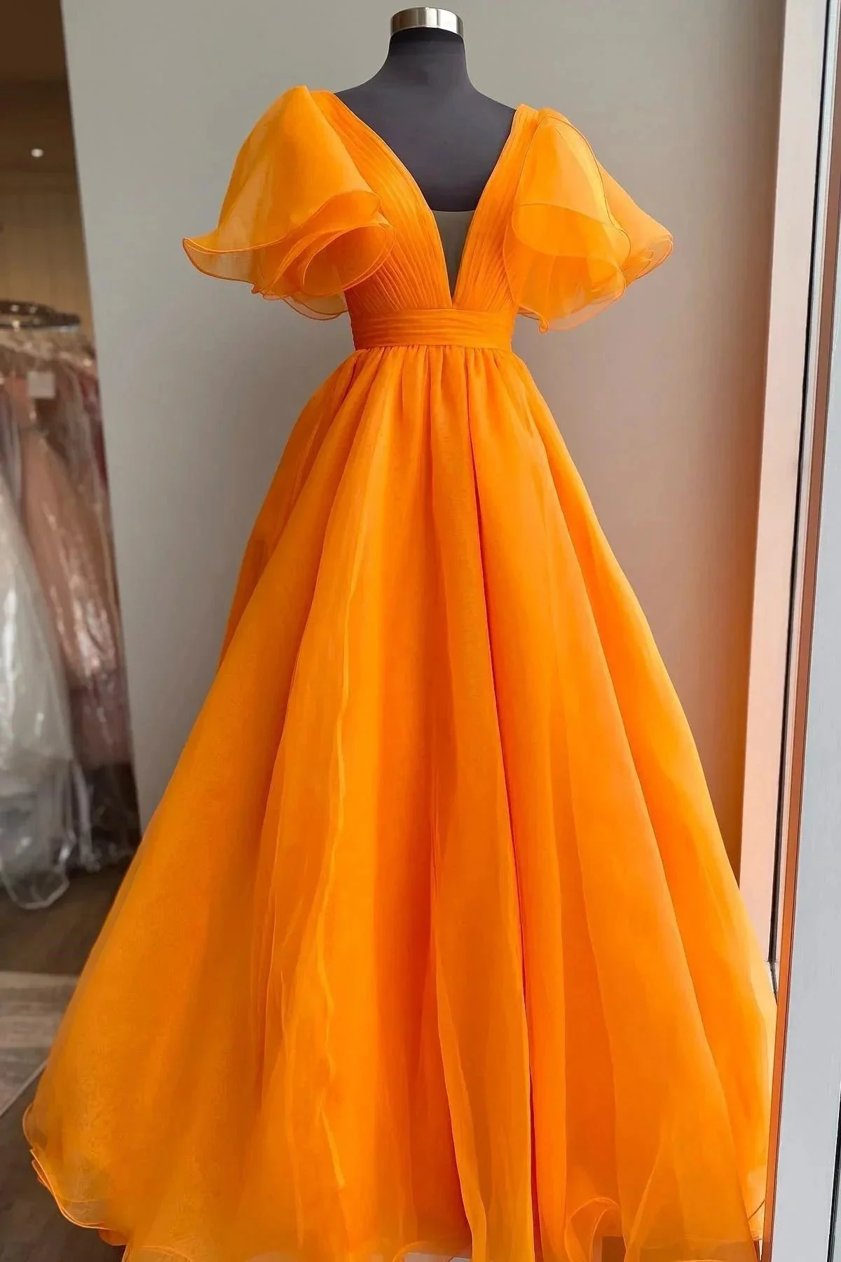 Orange Plunge V Ruffled Sleeve A-Line Long Formal Dress - Image 3