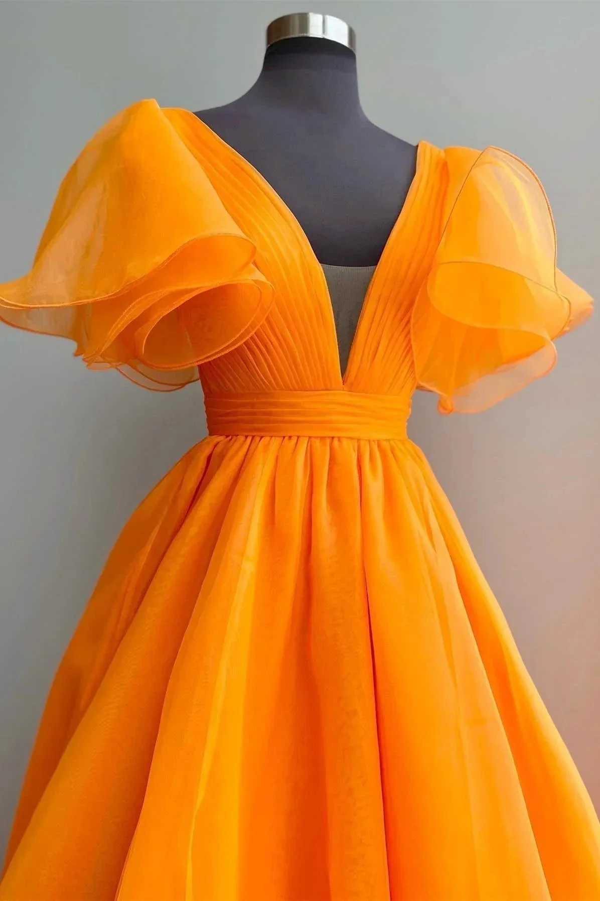 Orange Plunge V Ruffled Sleeve A-Line Long Formal Dress - Image 4