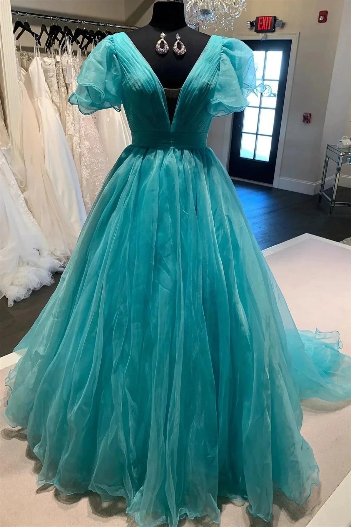 Orange Plunge V Ruffled Sleeve A-Line Long Formal Dress - Image 5