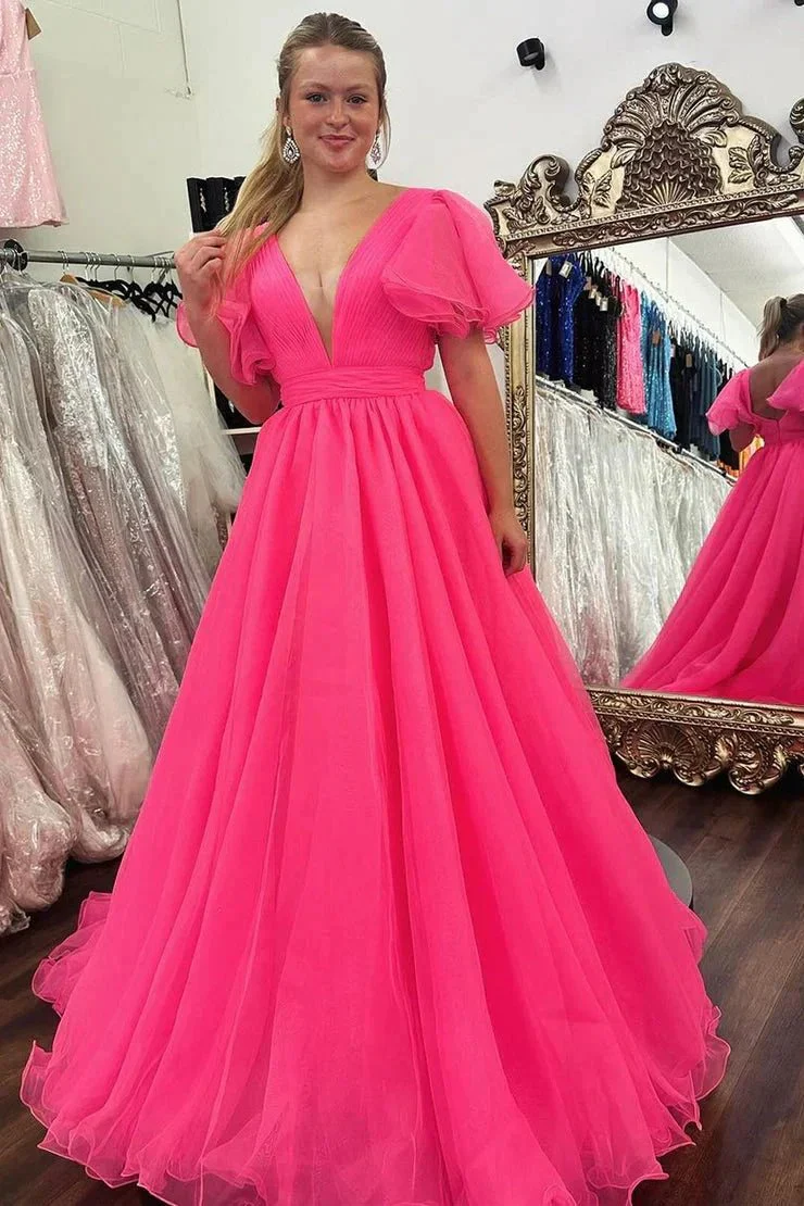 Orange Plunge V Ruffled Sleeve A-Line Long Formal Dress - Image 6