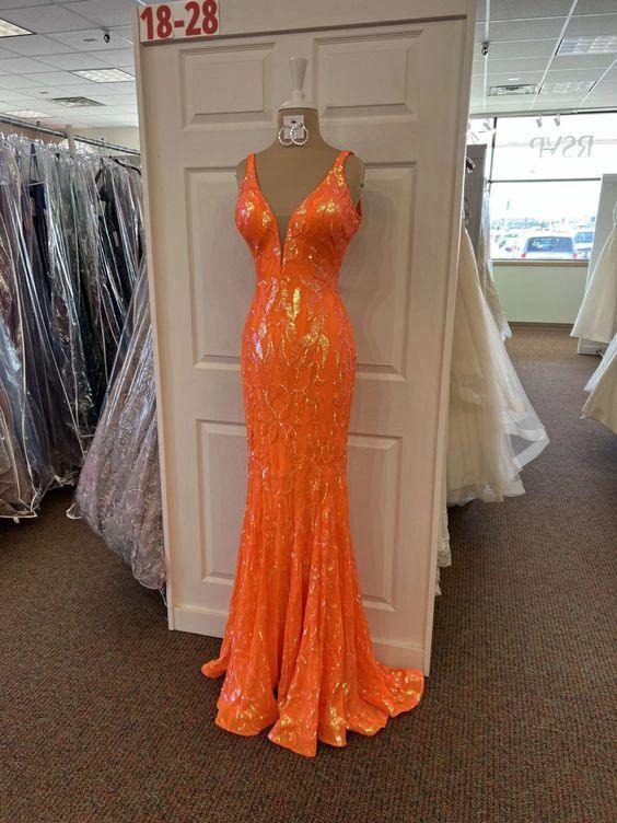 Orange Sequins Mermaid V-neck Long Prom Dress,Elegant Evening Dress,Orange Formal Gown Y1714 - Image 2