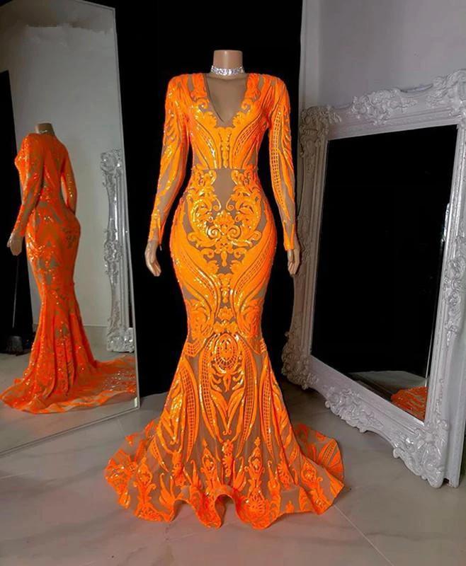 Orange Sequins V-neck Appliques Lace Floor-length Long Sleeve Mermaid Prom Dresses - Image 2
