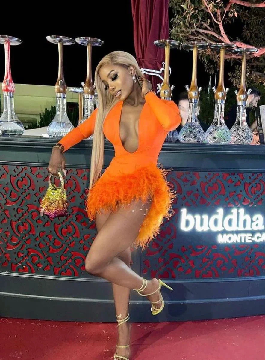 Orange Sexy Deep V Neck Feathers Homecoming Dress Long Sleeves Women Party Dress Y4447 - Image 3