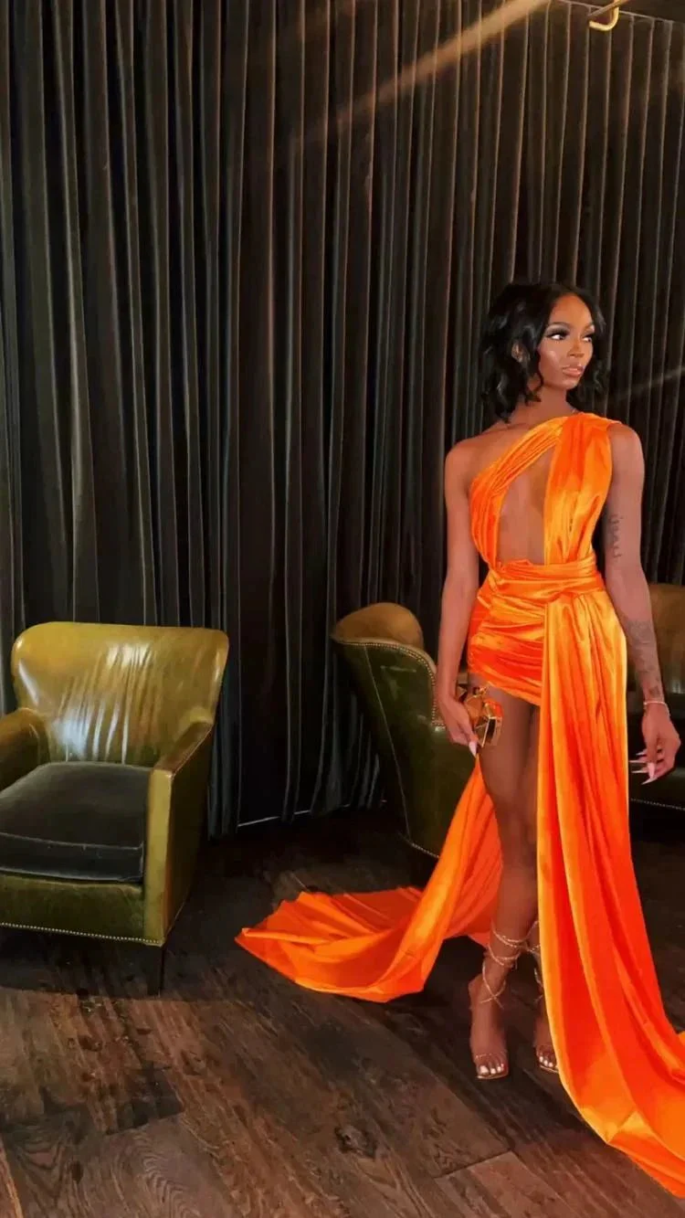 Orange Sleeveless Satin Sexy Party Dress ,21th Birthday Outfit Dress, Sexy Evening Dress Y782 - Image 2