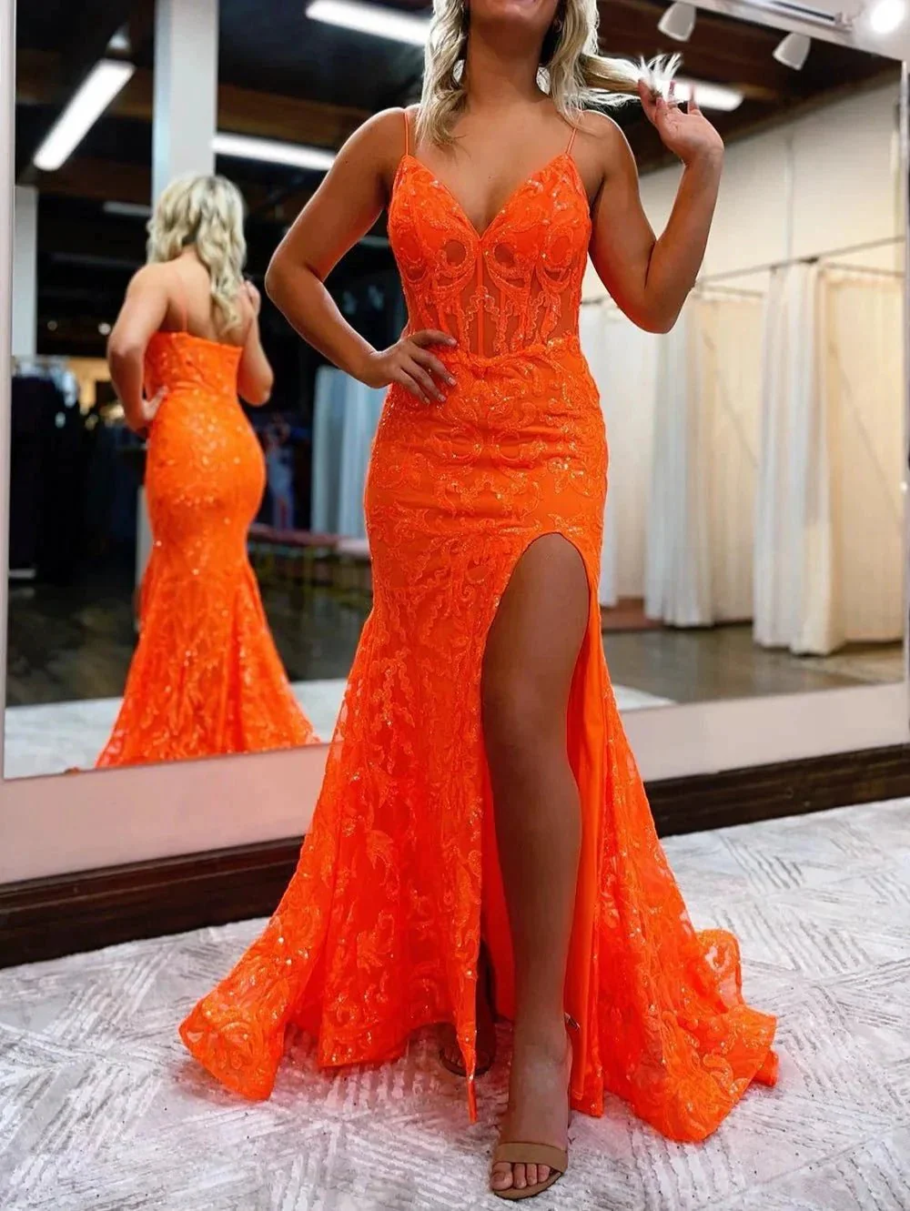 Lakelynn |Mermaid Spaghetti Straps Sequined Lace Prom Dress - Image 2