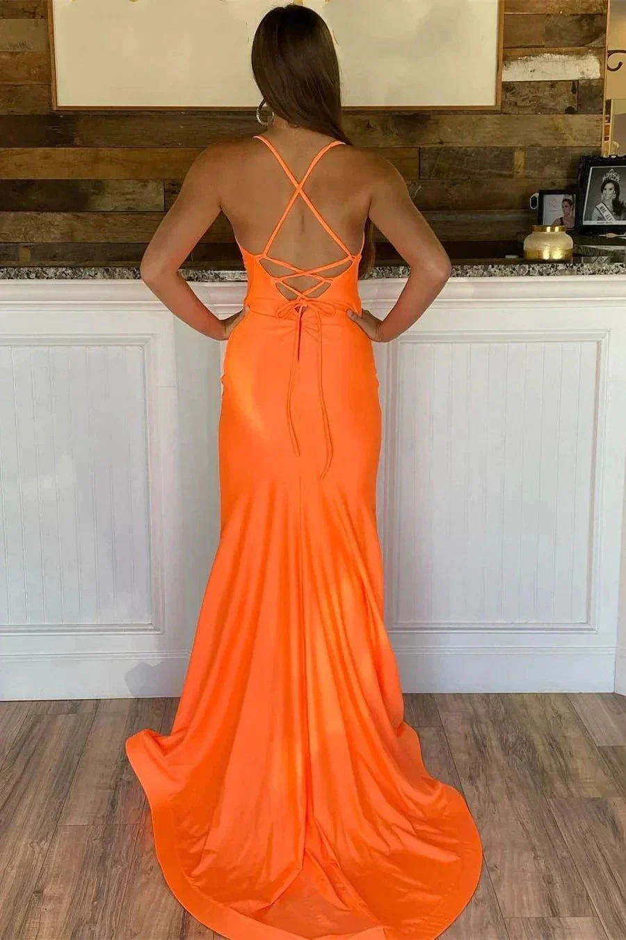 Orange Straps Satin Mermaid Long Prom Dress SYP102 - Image 2