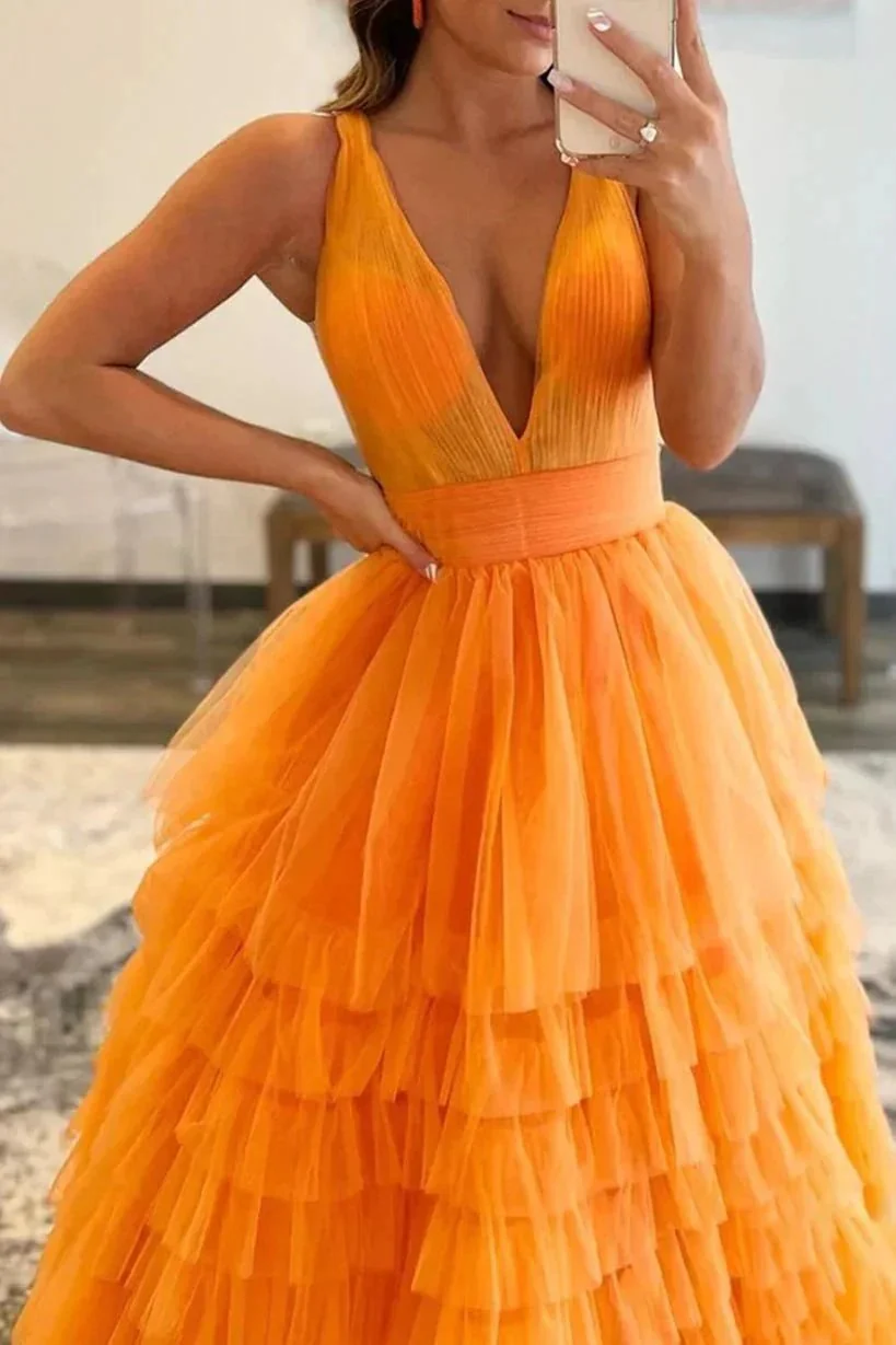 Reese |A-line Orange V-Neck Tulle Long Prom Dress - Image 3