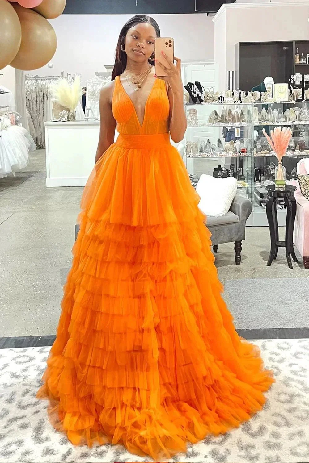 Reese |A-line Orange V-Neck Tulle Long Prom Dress - Image 4