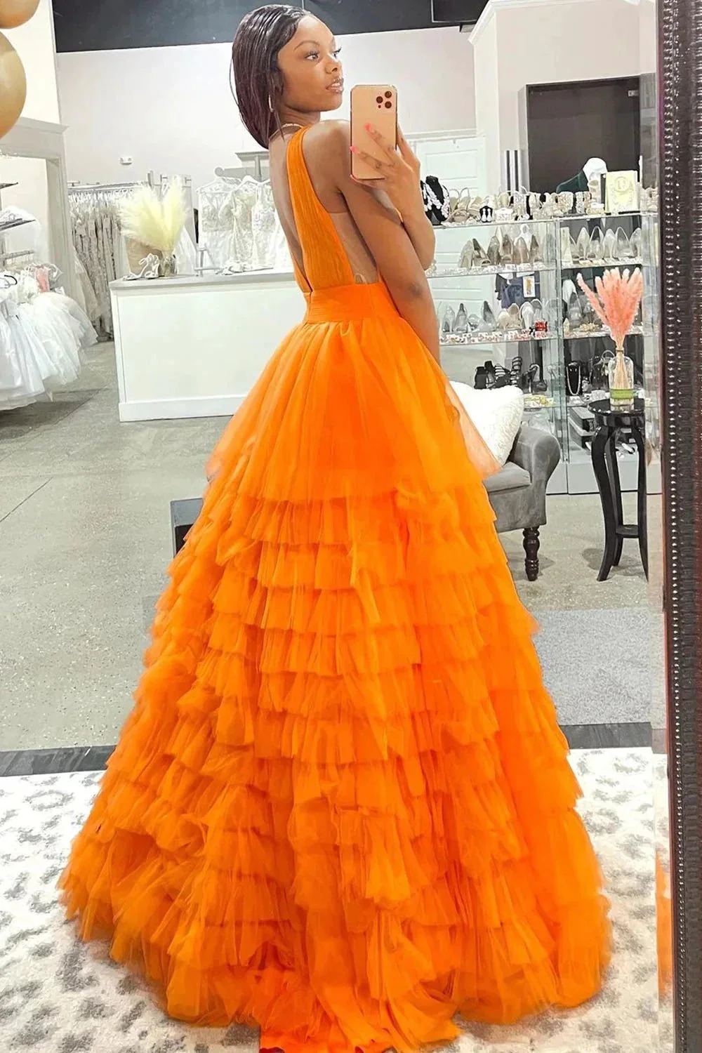 Reese |A-line Orange V-Neck Tulle Long Prom Dress - Image 5