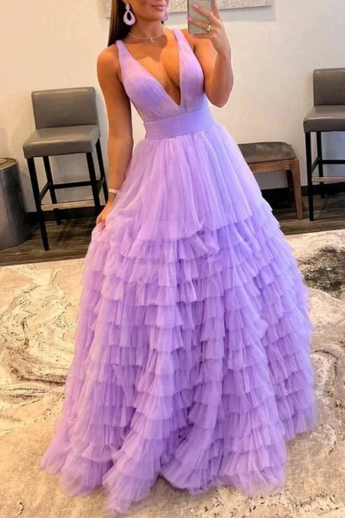 Reese |A-line Orange V-Neck Tulle Long Prom Dress - Image 6