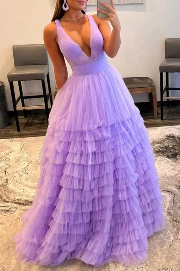 Reese |A-line Orange V-Neck Tulle Long Prom Dress - Image 8