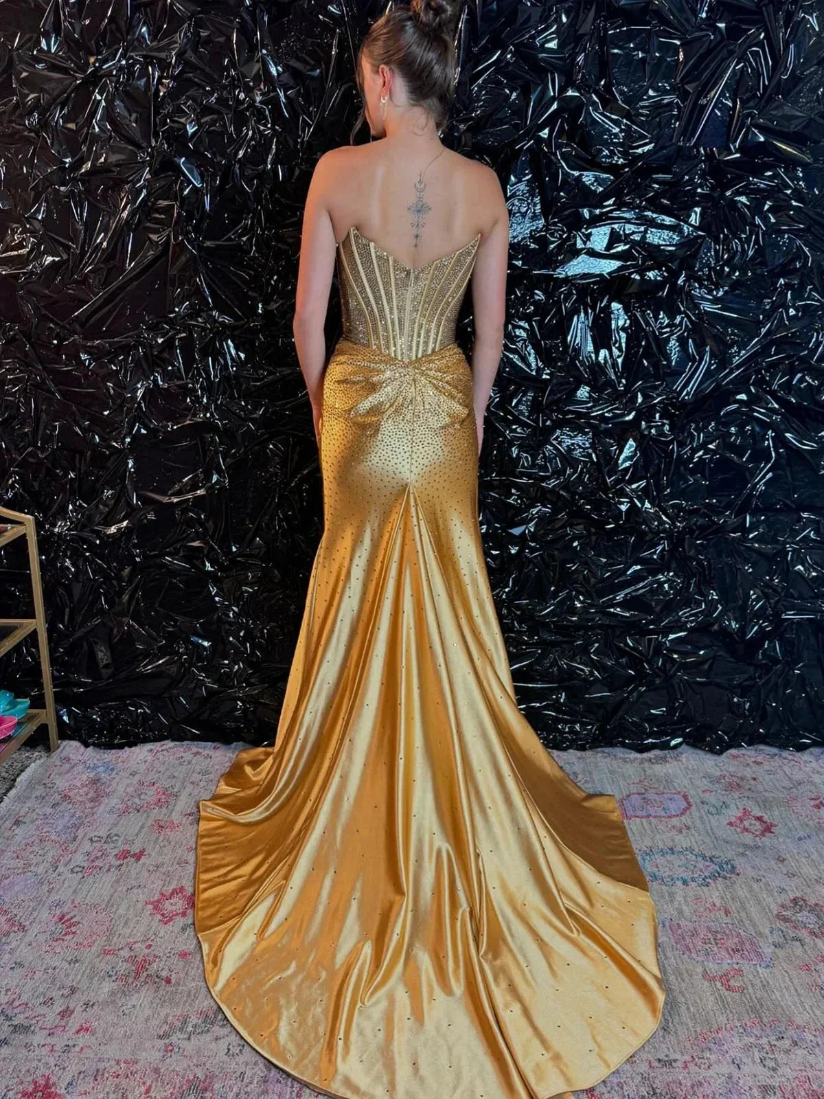 Oren | Mermaid Gold Satin Corset Long Prom Dresses with Slit - Image 2