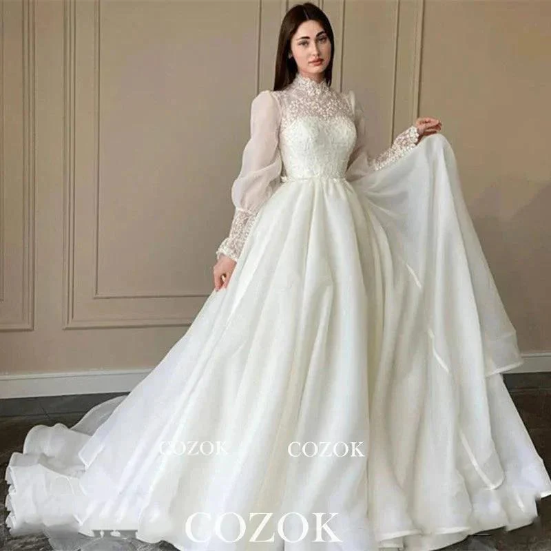 Organza A Line Appliques Lace Wedding Dress Puff Long Sleeves High Neck Bridal Gowns Robe De Mariage Custom TG001 - Image 2