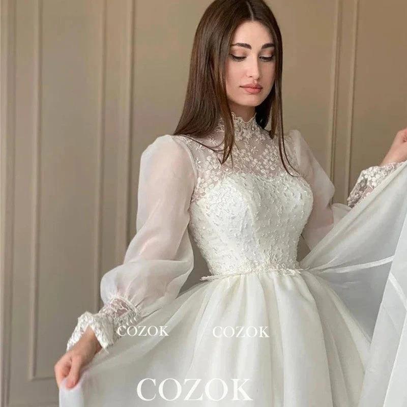 Organza A Line Appliques Lace Wedding Dress Puff Long Sleeves High Neck Bridal Gowns Robe De Mariage Custom TG001 - Image 3