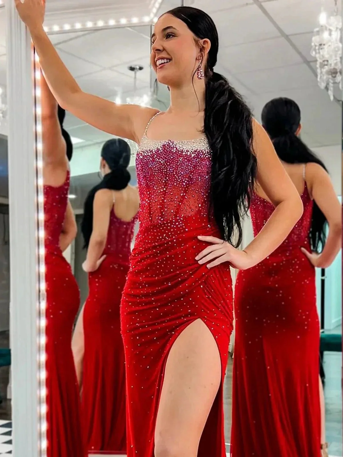 Oriole | Spaghetti Straps Beaded Mermaid Prom Dress with Slit - Image 2