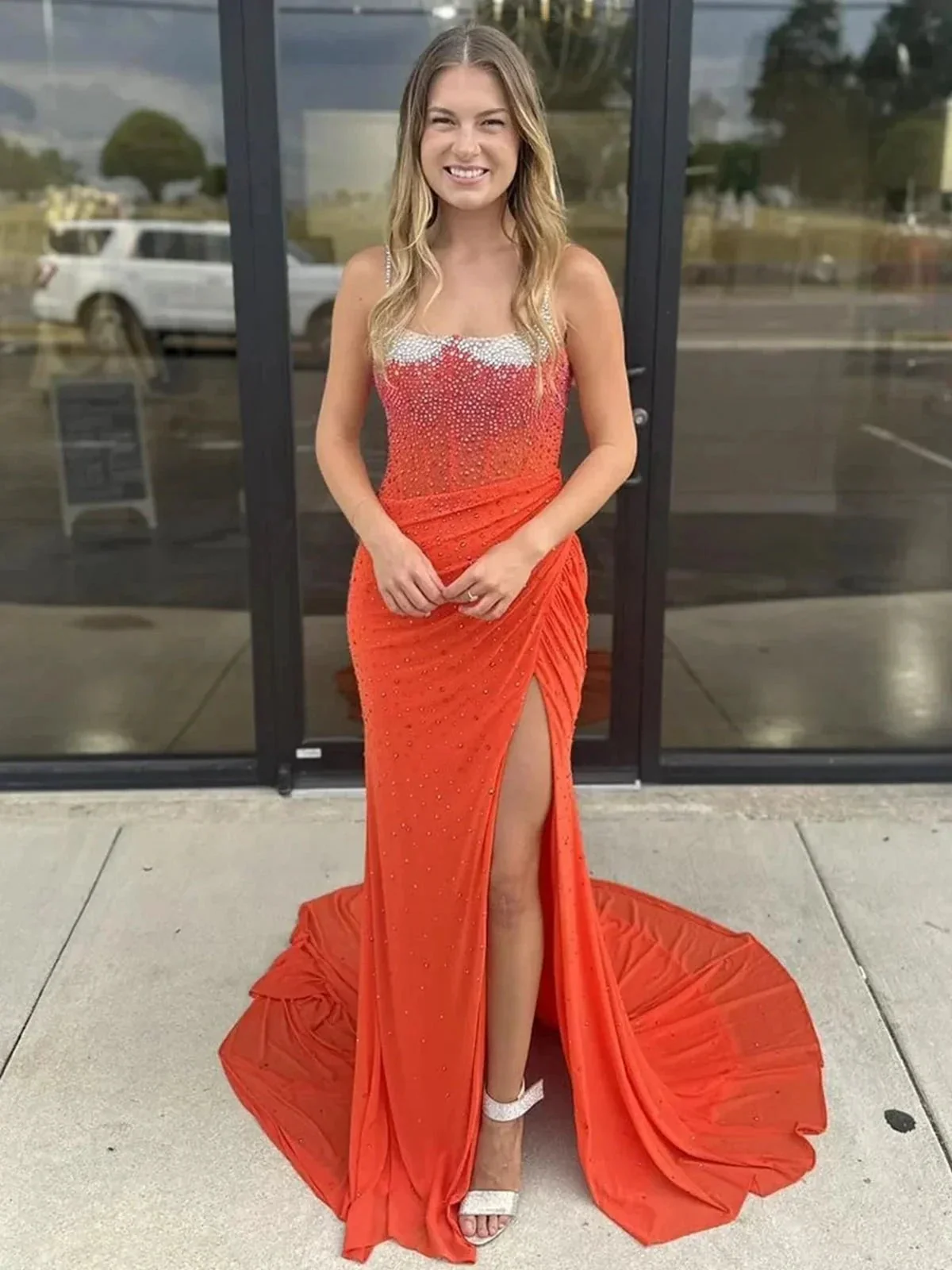 Oriole | Spaghetti Straps Beaded Mermaid Prom Dress with Slit - Image 5