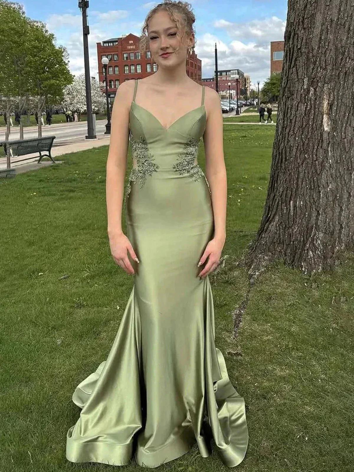 Paislee | Spaghetti Straps Light Blue Appliques Mermaid Prom Dress - Image 3