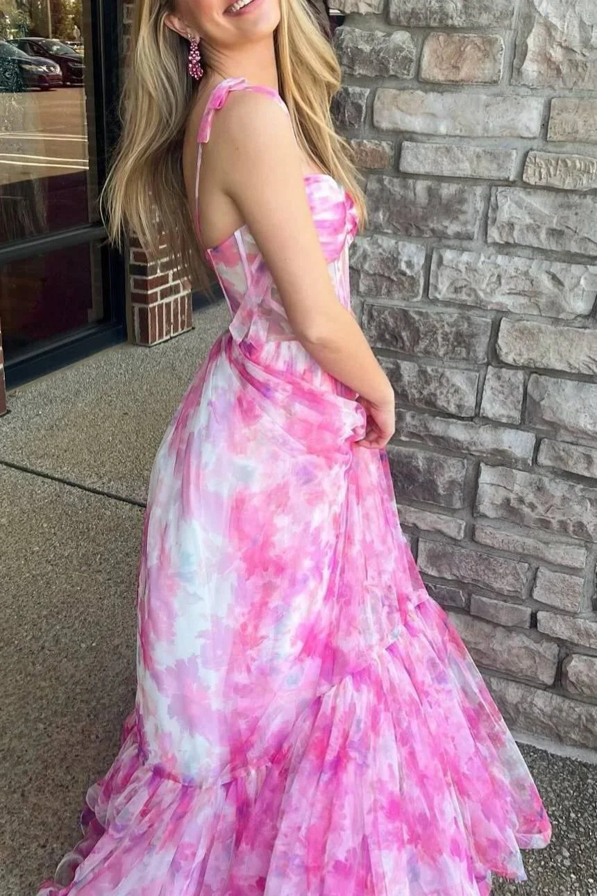 Palmer | Pink Floral Print Corset A-Line Long Prom Dress with Bow Tie Straps - Image 2