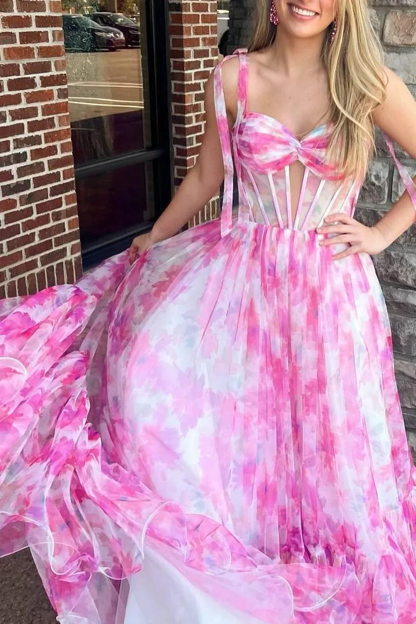 Palmer | Pink Floral Print Corset A-Line Long Prom Dress with Bow Tie Straps - Image 4