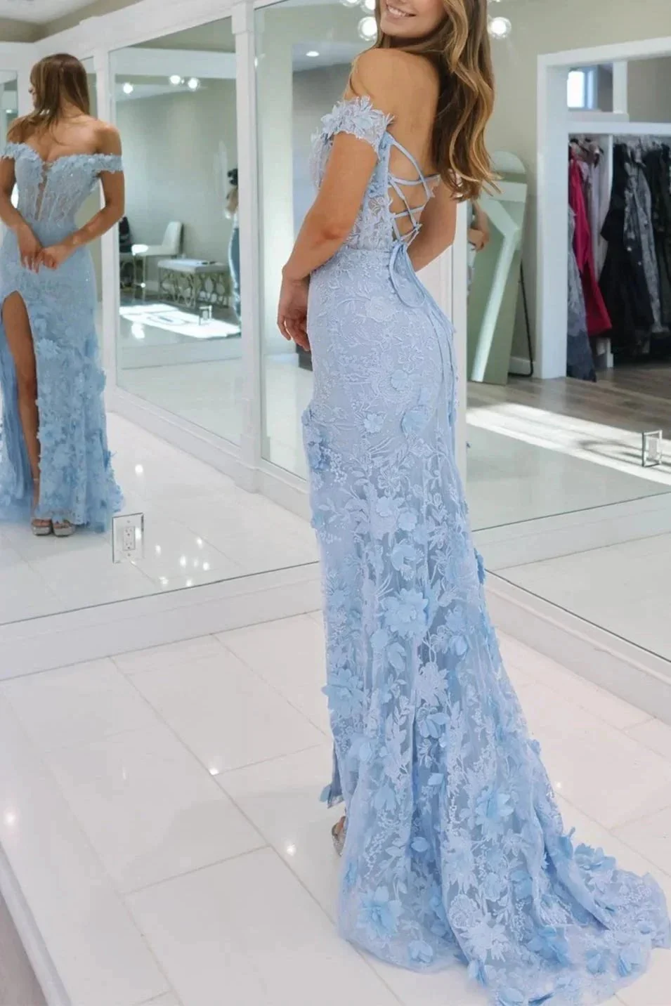 Paradis | Off The Shoulder Floral Lace Long Prom Dress With Split - Image 2