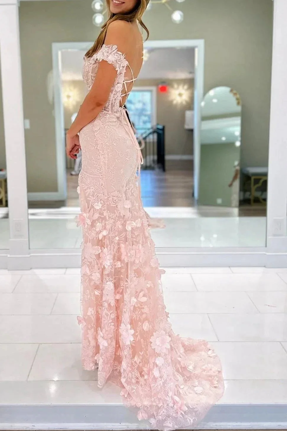 Paradis | Off The Shoulder Floral Lace Long Prom Dress With Split - Image 5