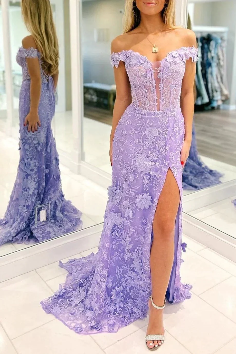 Paradis | Off The Shoulder Floral Lace Long Prom Dress With Split - Image 7