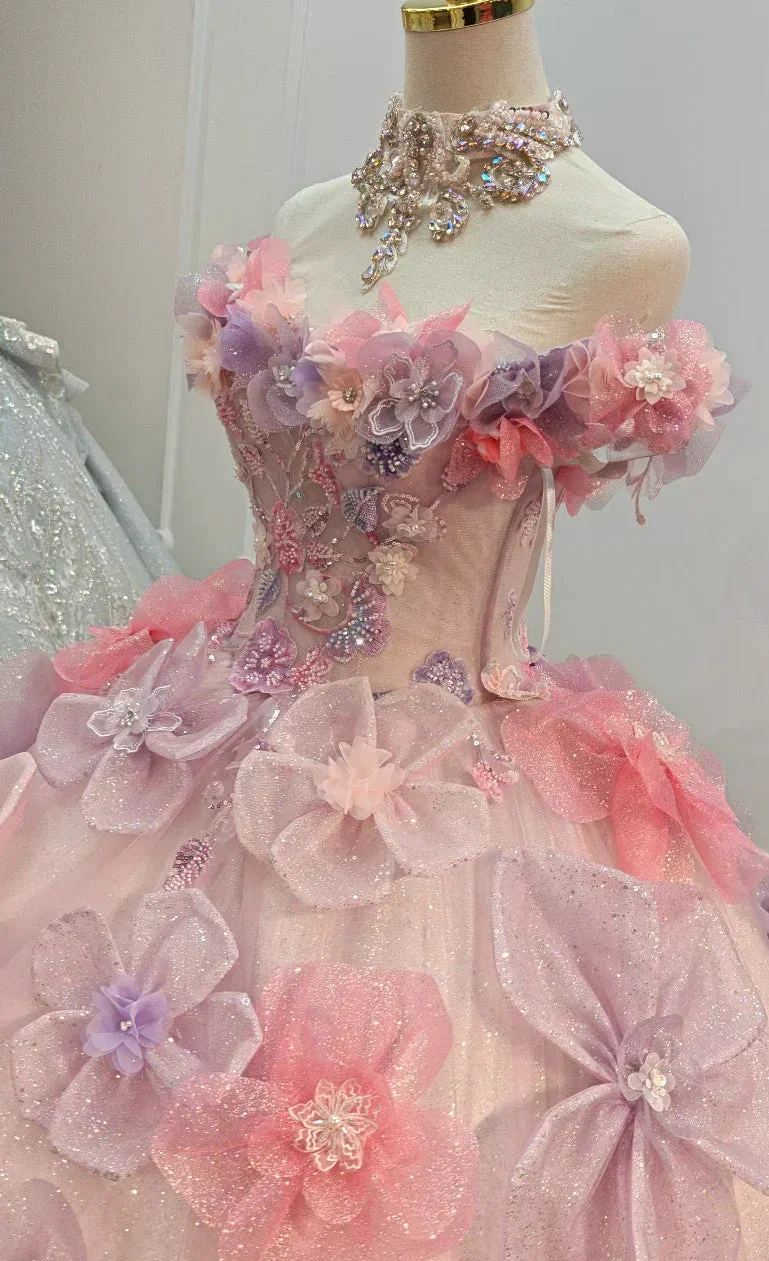 Enchanting Pastel Pink & Purple Off-the-Shoulder Ball Gown Wedding Dress with 3D Glitter Flowers & Crystal Collar Ye-2027 - Image 3