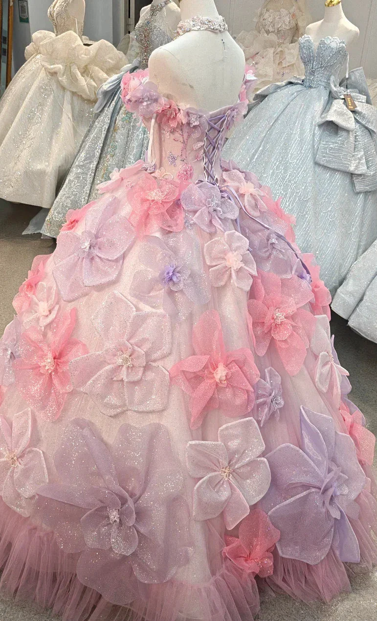 Enchanting Pastel Pink & Purple Off-the-Shoulder Ball Gown Wedding Dress with 3D Glitter Flowers & Crystal Collar Ye-2027 - Image 4