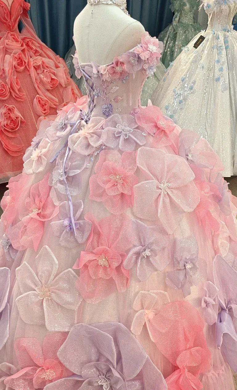 Enchanting Pastel Pink & Purple Off-the-Shoulder Ball Gown Wedding Dress with 3D Glitter Flowers & Crystal Collar Ye-2027 - Image 5
