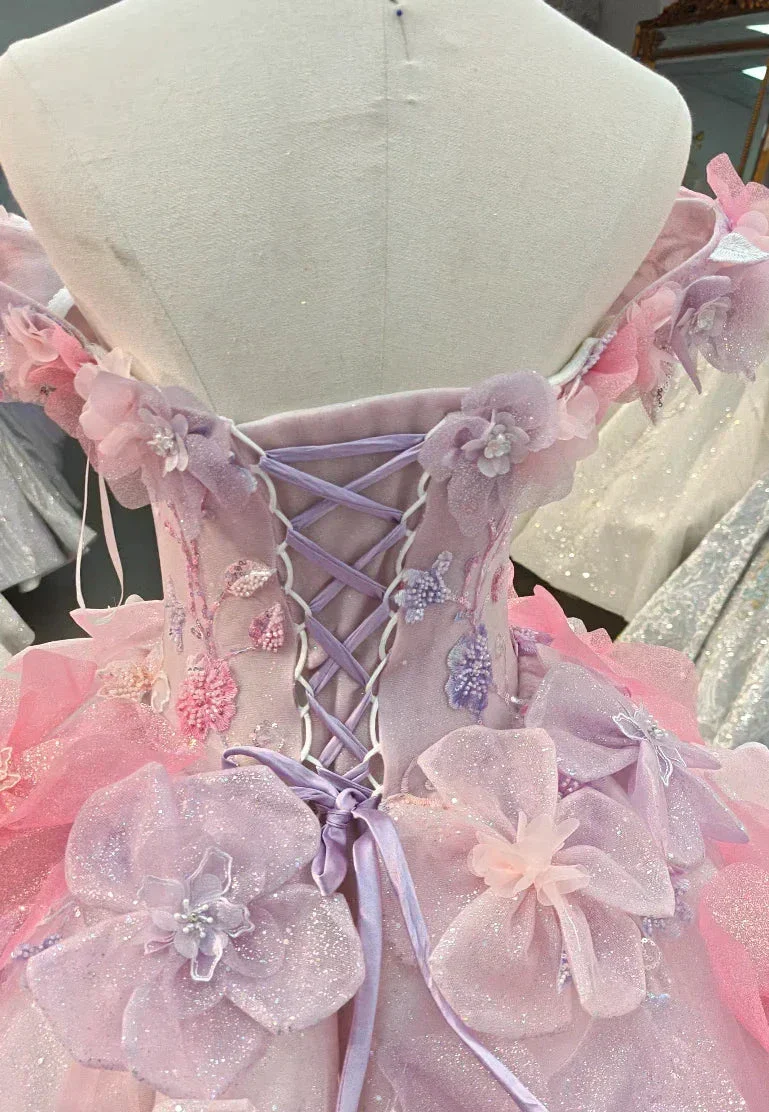 Enchanting Pastel Pink & Purple Off-the-Shoulder Ball Gown Wedding Dress with 3D Glitter Flowers & Crystal Collar Ye-2027 - Image 6