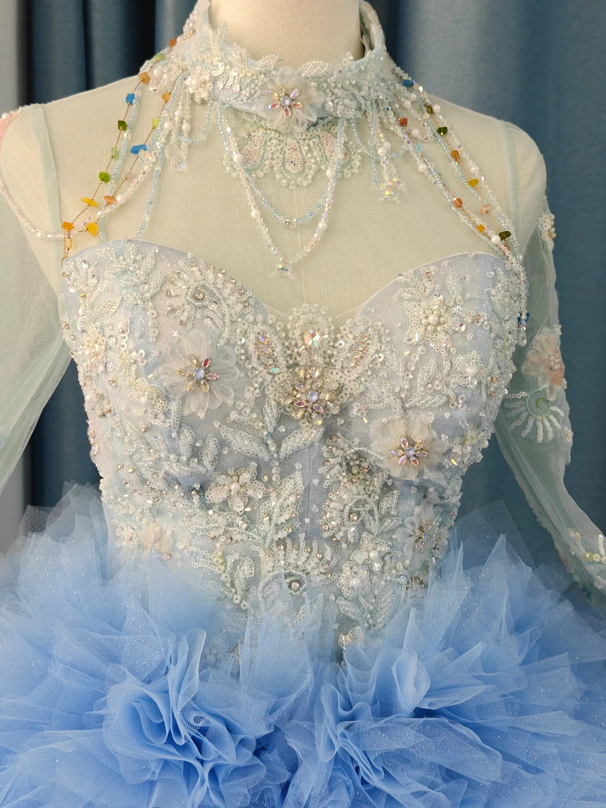 Vibrant Ombre Ball Gown High-Neck Long Embroidered Sleeve Beaded Ruffled Wedding Dress Ye-2017 - Image 2