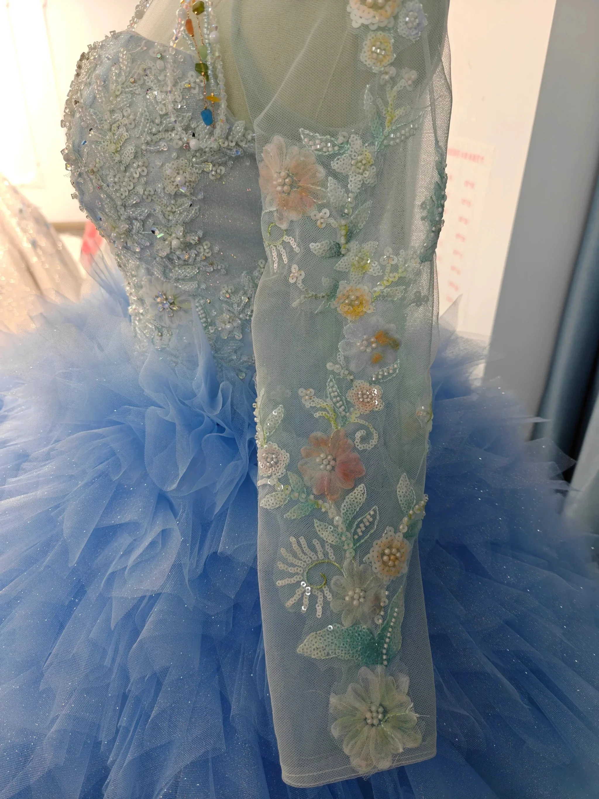 Vibrant Ombre Ball Gown High-Neck Long Embroidered Sleeve Beaded Ruffled Wedding Dress Ye-2017 - Image 3