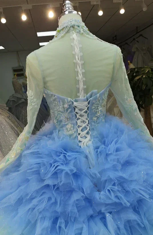 Vibrant Ombre Ball Gown High-Neck Long Embroidered Sleeve Beaded Ruffled Wedding Dress Ye-2017 - Image 4