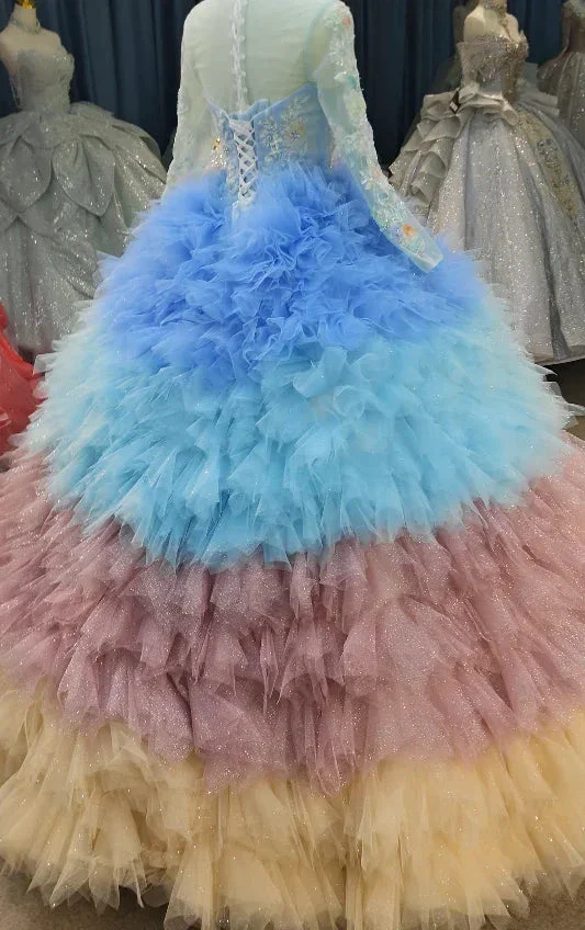 Vibrant Ombre Ball Gown High-Neck Long Embroidered Sleeve Beaded Ruffled Wedding Dress Ye-2017 - Image 5
