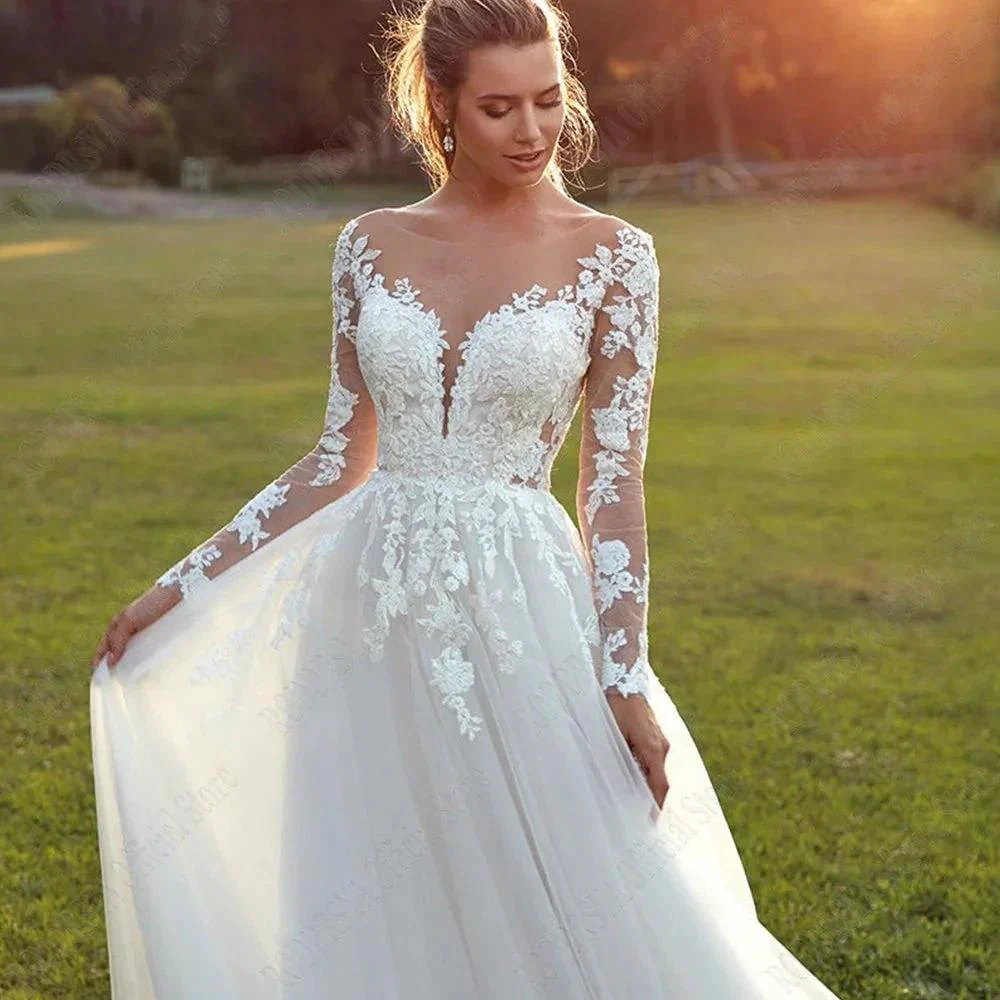 Pastrol Wedding Dresses For Woman Long Sleeves Illusion Back Scoop Bride Gowns Applique A-Line Tulle vestidos de novia - Image 2