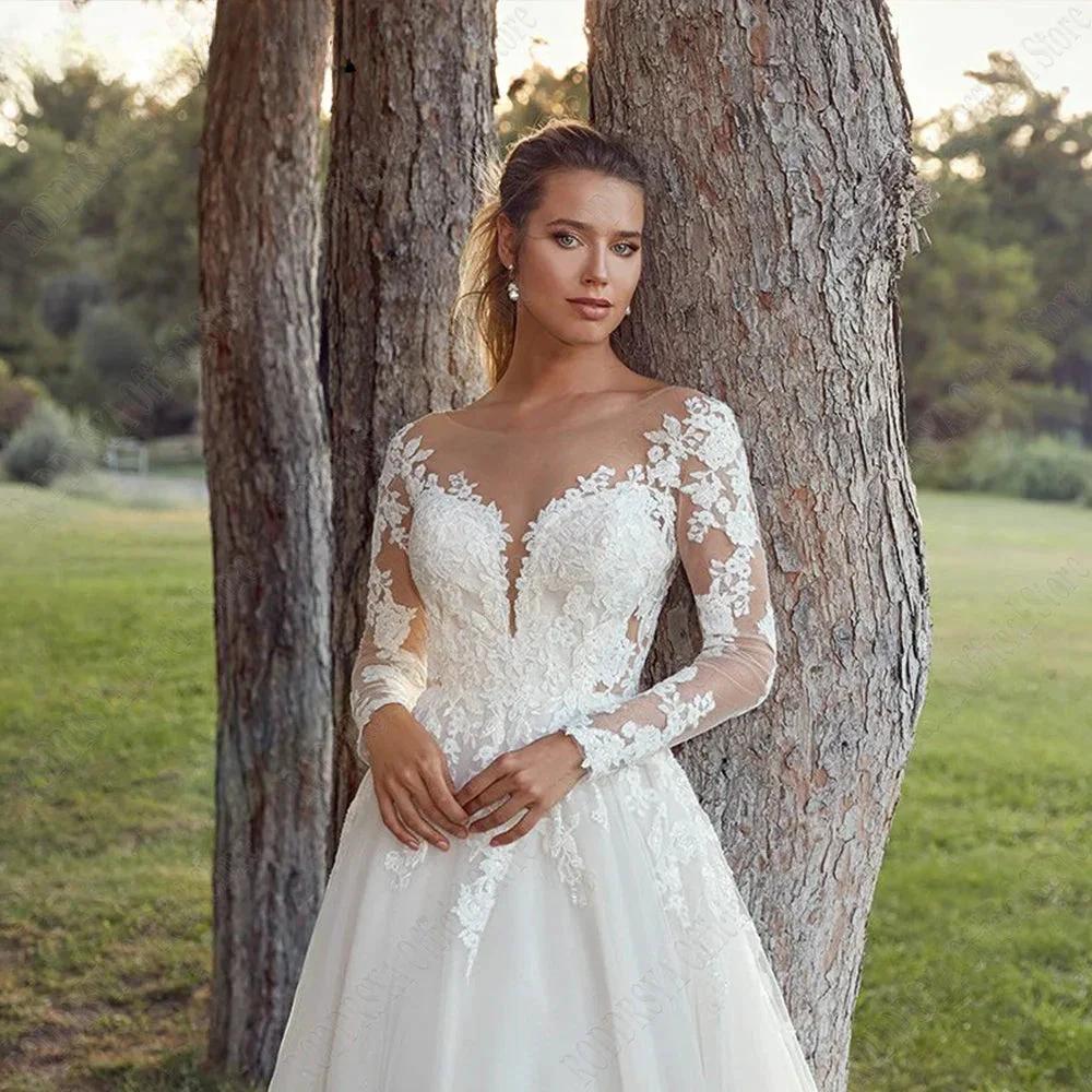 Pastrol Wedding Dresses For Woman Long Sleeves Illusion Back Scoop Bride Gowns Applique A-Line Tulle vestidos de novia - Image 3