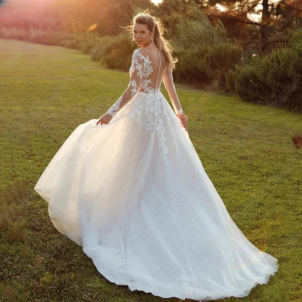 Pastrol Wedding Dresses For Woman Long Sleeves Illusion Back Scoop Bride Gowns Applique A-Line Tulle vestidos de novia - Image 4