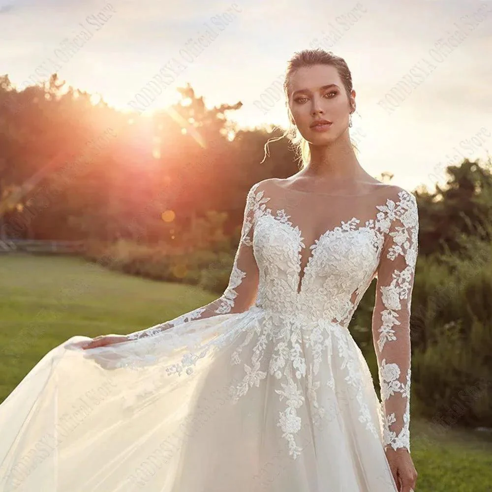 Pastrol Wedding Dresses For Woman Long Sleeves Illusion Back Scoop Bride Gowns Applique A-Line Tulle vestidos de novia - Image 5