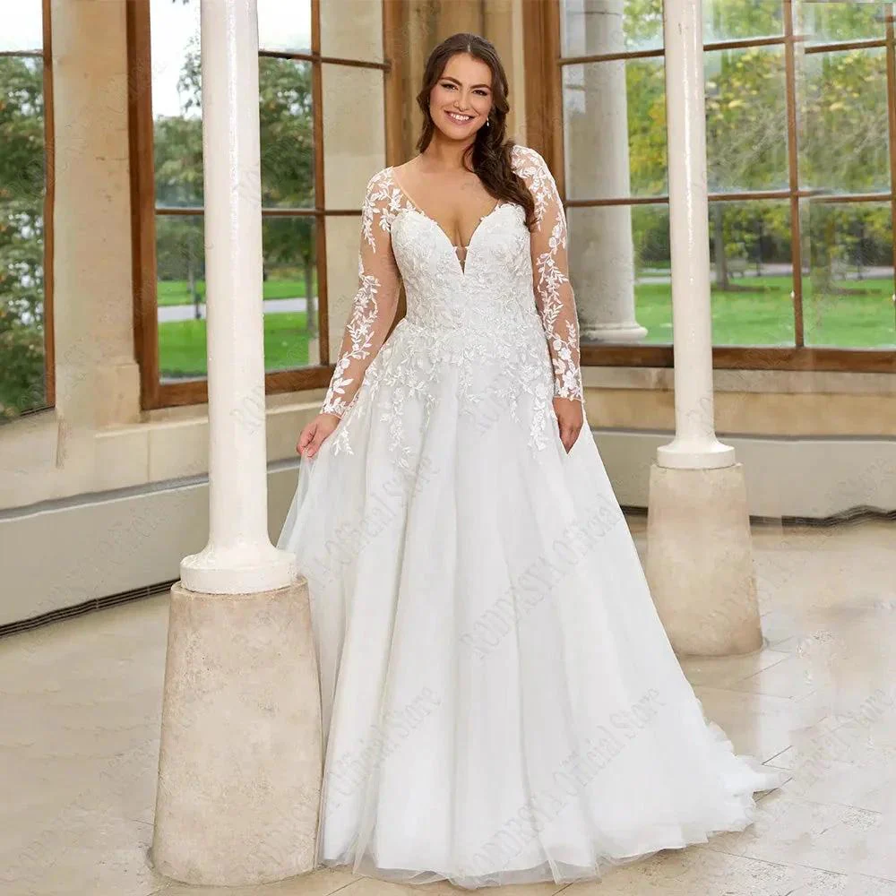 Pastrol Wedding Dresses Plus Size Long Sleeves Lace Up Bride Gowns Applique A-Line Tulle V-Neck vestido de noiva