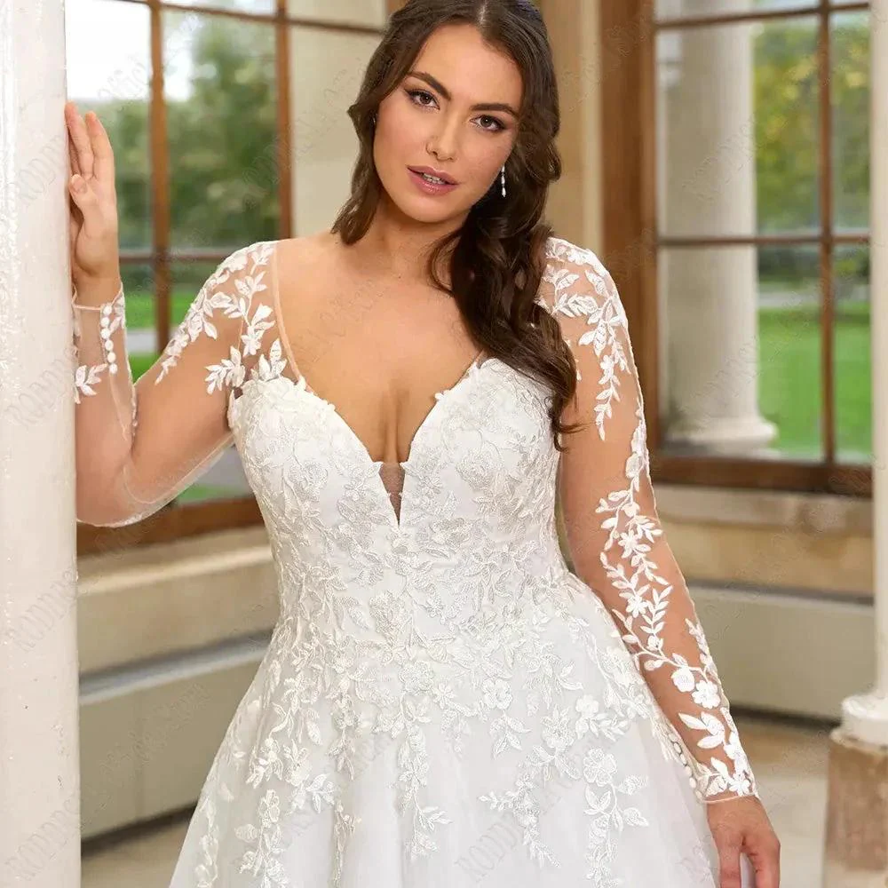 Pastrol Wedding Dresses Plus Size Long Sleeves Lace Up Bride Gowns Applique A-Line Tulle V-Neck vestido de noiva - Image 2