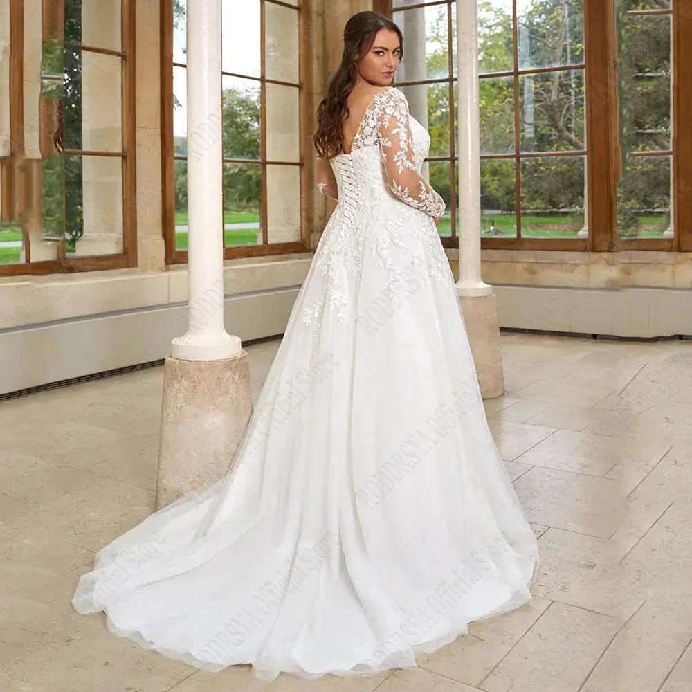 Pastrol Wedding Dresses Plus Size Long Sleeves Lace Up Bride Gowns Applique A-Line Tulle V-Neck vestido de noiva - Image 3
