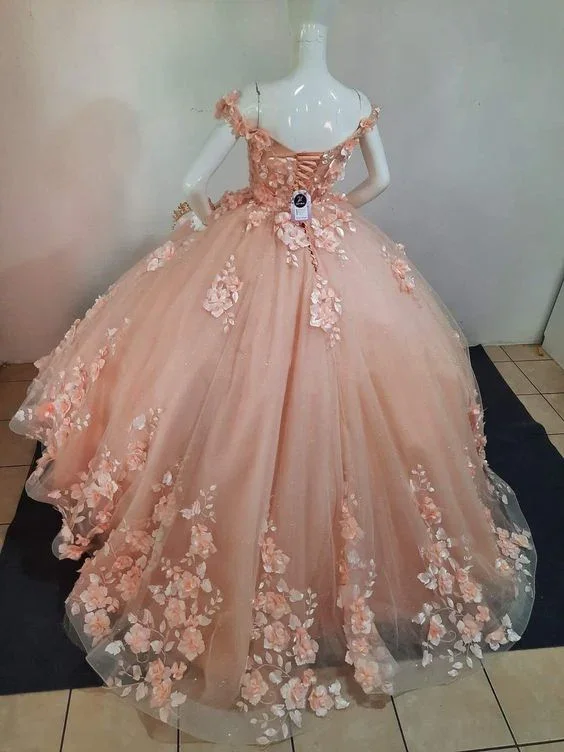 Peach Dress Sweet 15 16 Dress Off Shoulder Princess Lace Up Ball Gown Y2686 - Image 2